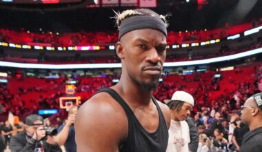 Miami Heat forward Jimmy Butler (22) walks off the court (Mandatory Credit: Jim Rassol-Imagn Images)