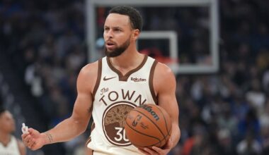 Jan 30, 2026; San Francisco, California, USA; Golden State Warriors guard Stephen Curry (30) reacts after committing a turnover against the Detroit Pistons in the first quarter at the Chase Center. Mandatory Credit: Cary Edmondson-Imagn Images