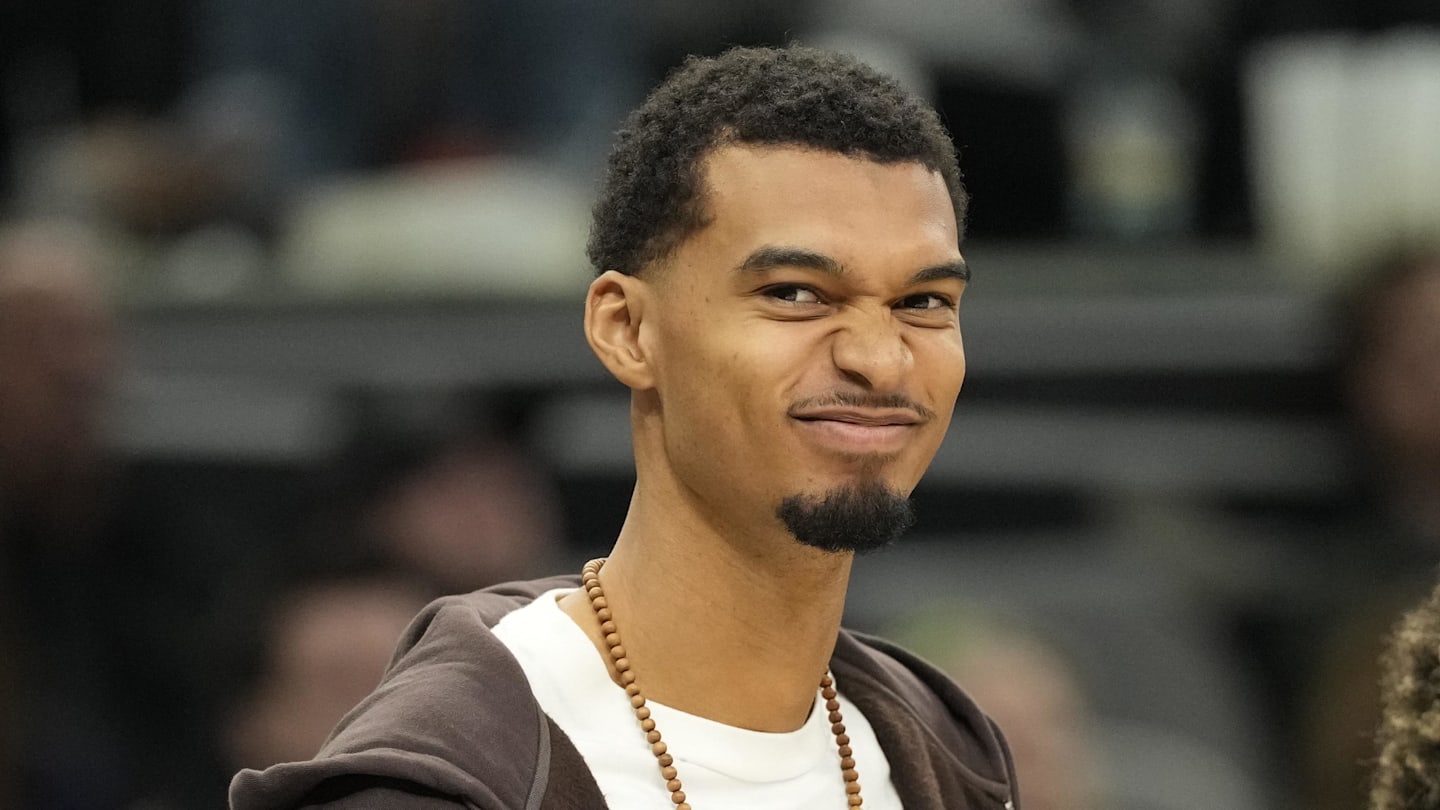 Dec 2, 2025; San Antonio, Texas, USA; San Antonio Spurs forward Victor Wembanyama (1) along with forward Carter Bryant (11) react from the bench during the second half against the Memphis Grizzlies at Frost Bank Center. Mandatory Credit: Scott Wachter-Imagn Images