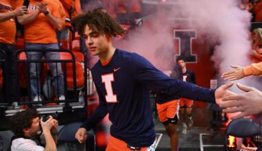 Feb 4, 2026; Champaign, Illinois, USA;  Illinois Fighting Illini guard Keaton Wagler (23) takes the court before tip-off against the Northwestern Wildcats at State Farm Center. Mandatory Credit: Ron Johnson-Imagn Images