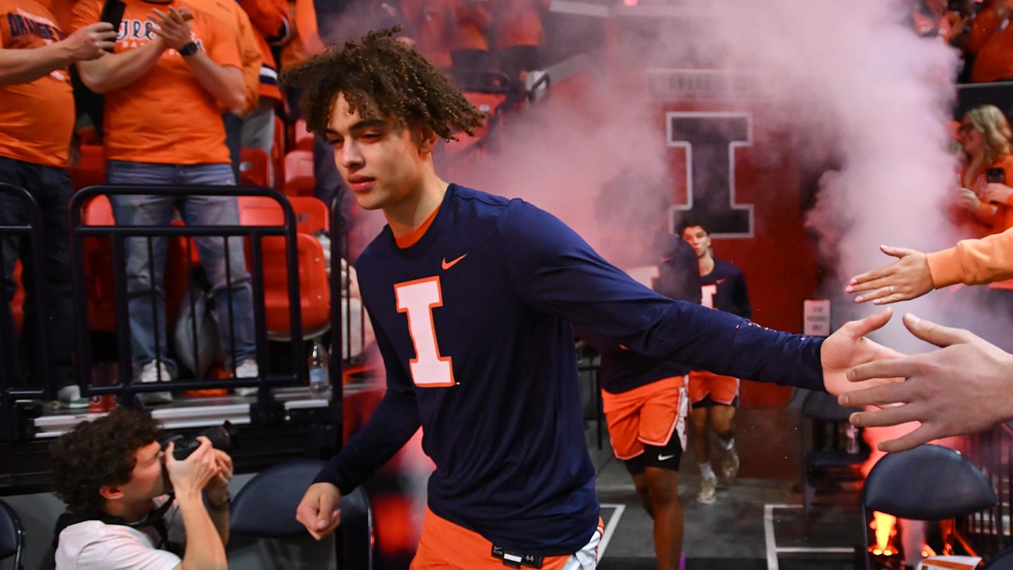 Feb 4, 2026; Champaign, Illinois, USA;  Illinois Fighting Illini guard Keaton Wagler (23) takes the court before tip-off against the Northwestern Wildcats at State Farm Center. Mandatory Credit: Ron Johnson-Imagn Images