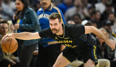 Feb 11, 2026; San Francisco, California, USA; Golden State Warriors guard Pat Spencer (61) dribbles against the San Antonio Spurs in first quarter at Chase Center. Mandatory Credit: Eakin Howard-Imagn Images