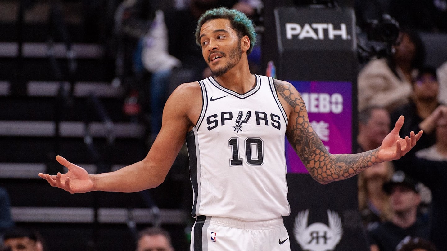 Mar 7, 2025; Sacramento, California, USA; San Antonio Spurs forward Jeremy Sochan (10) argues a call with referee Scott Twardoski (52) during the fourth quarter of the game against the Sacramento Kings at Golden 1 Center. Mandatory Credit: Ed Szczepanski-Imagn Images