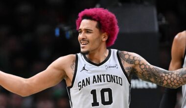 Jan 10, 2026; Boston, Massachusetts, USA; San Antonio Spurs forward Jeremy Sochan (10) reacts after being called for a foul during the first half of a game against the Boston Celtics at the TD Garden. Mandatory Credit: Brian Fluharty-Imagn Images