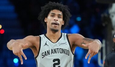Dec 16, 2025; Las Vegas, Nevada, USA; San Antonio Spurs guard Dylan Harper (2) reacts against the New York Knicks in the second half during the Emirates NBA Cup Final at T-Mobile Arena. Mandatory Credit: Kirby Lee-Imagn Images
