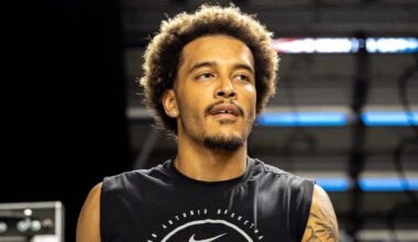 Oct 24, 2025; New Orleans, Louisiana, USA;  San Antonio Spurs forward Jeremy Sochan (10) during warmups before the game against the New Orleans Pelicans at Smoothie King Center. Mandatory Credit: Stephen Lew-Imagn Images