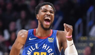 Oct 25, 2019; Denver, CO, USA; Denver Nuggets guard Malik Beasley (25) yells after a foul was called against them while playing the Phoenix Suns during the second half at Pepsi Center. Mandatory Credit: Michael Ciaglo-Imagn Images