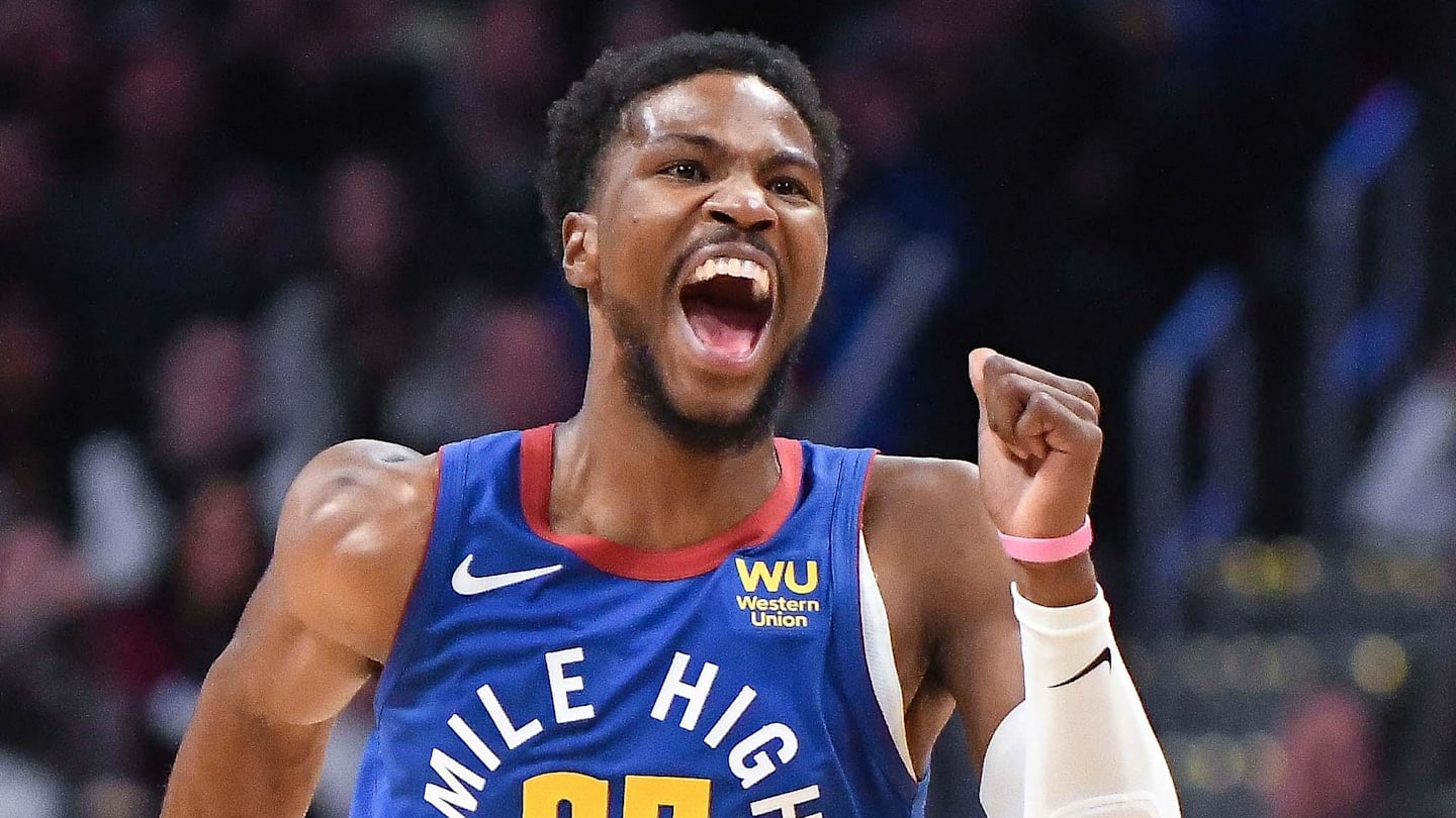 Oct 25, 2019; Denver, CO, USA; Denver Nuggets guard Malik Beasley (25) yells after a foul was called against them while playing the Phoenix Suns during the second half at Pepsi Center. Mandatory Credit: Michael Ciaglo-Imagn Images