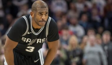 Dec 29, 2024; Minneapolis, Minnesota, USA; San Antonio Spurs guard Chris Paul (3) looks on against the Minnesota Timberwolves in the second half at Target Center. Mandatory Credit: Jesse Johnson-Imagn Images