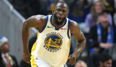 Dec 25, 2025; San Francisco, California, USA; Golden State Warriors forward Draymond Green (23) reacts after making a three point basket against the Dallas Mavericks during the second quarter at Chase Center. Mandatory Credit: Darren Yamashita-Imagn Images