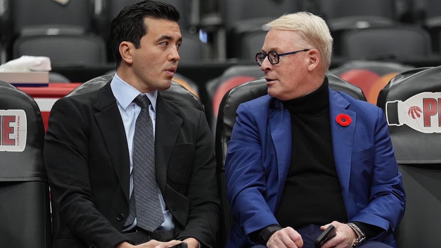 Nov 4, 2025; Toronto, Ontario, CAN; Toronto Raptors general manager Bobby Webster (left) and Maple Leaf Sports and Entertainment president and CEO Keith Pelley talk during warm up before a game against the Milwaukee Bucks at Scotiabank Arena. Mandatory Credit: John E. Sokolowski-Imagn Images
