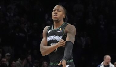 Feb 8, 2026; Minneapolis, Minnesota, USA; Minnesota Timberwolves guard Ayo Dosunmu (13) enters the game for the first time as a member of the team and receives a standing ovation as he readies to play the Los Angeles Clippers in the first quarter at Target Center. Mandatory Credit: Bruce Kluckhohn-Imagn Images