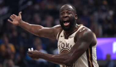 Jan 30, 2026; San Francisco, California, USA; Golden State Warriors forward Draymond Green (23) reacts after the Warriors committed a turnover against the Detroit Pistons in the first quarter at the Chase Center. Mandatory Credit: Cary Edmondson-Imagn Images