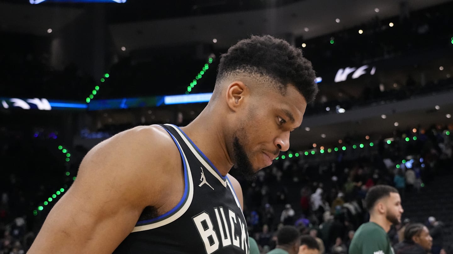 Milwaukee Bucks forward Giannis Antetokounmpo (34) following the game against the Denver Nuggets at Fiserv Forum on January 23, 2026.