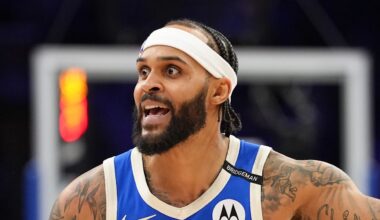 Milwaukee Bucks guard Gary Trent Jr (5) reacts against the Philadelphia 76ers in the third quarter at Wells Fargo Center on April 3, 2025.