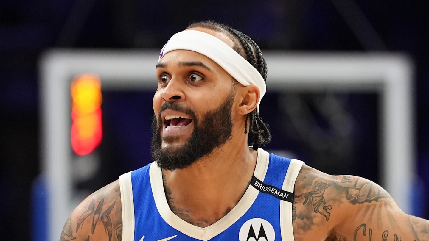 Milwaukee Bucks guard Gary Trent Jr (5) reacts against the Philadelphia 76ers in the third quarter at Wells Fargo Center on April 3, 2025.