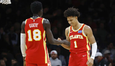 Feb 3, 2026; Miami, Florida, USA;  Atlanta Hawks forward Mouhamed Gueye (18) and forward Jalen Johnson (1) react against the Miami Heat during the second half at Kaseya Center. Mandatory Credit: Rhona Wise-Imagn Images
