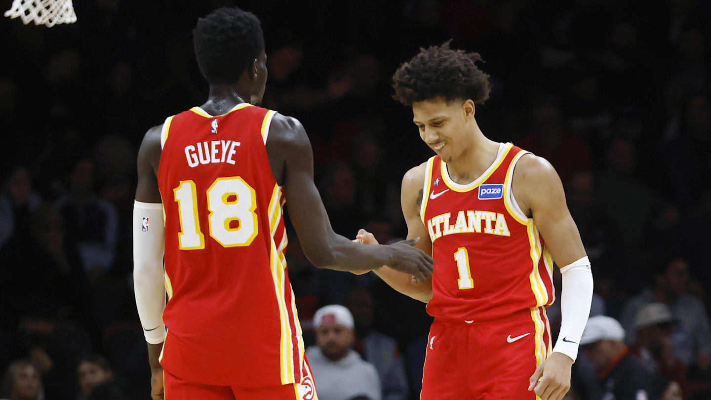Feb 3, 2026; Miami, Florida, USA;  Atlanta Hawks forward Mouhamed Gueye (18) and forward Jalen Johnson (1) react against the Miami Heat during the second half at Kaseya Center. Mandatory Credit: Rhona Wise-Imagn Images