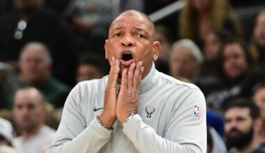 Milwaukee Bucks head coach Doc Rivers reacts in the second quarter against the Golden State Warriors at Fiserv Forum. Oct 30, 2025.