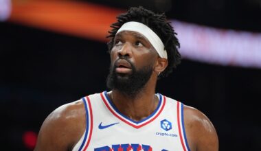 Feb 7, 2026; Phoenix, Arizona, USA; Philadelphia 76ers center Joel Embiid (21) reacts against the Phoenix Suns during the first half of an NBA game at Mortgage Matchup Center. Mandatory Credit: Rick Scuteri-Imagn Images