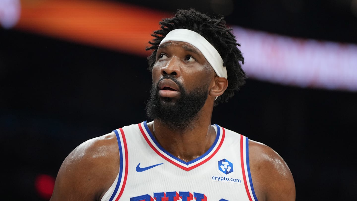 Feb 7, 2026; Phoenix, Arizona, USA; Philadelphia 76ers center Joel Embiid (21) reacts against the Phoenix Suns during the first half of an NBA game at Mortgage Matchup Center. Mandatory Credit: Rick Scuteri-Imagn Images