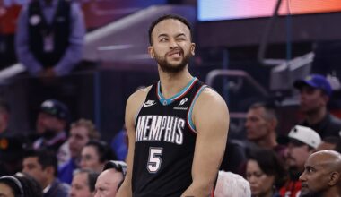 Feb 9, 2026; San Francisco, California, USA; Memphis Grizzlies forward Kyle Anderson (5) waits to re-enter the game during the second quarter against the Golden State Warriors at Chase Center. Mandatory Credit: Kelley L Cox-Imagn Images