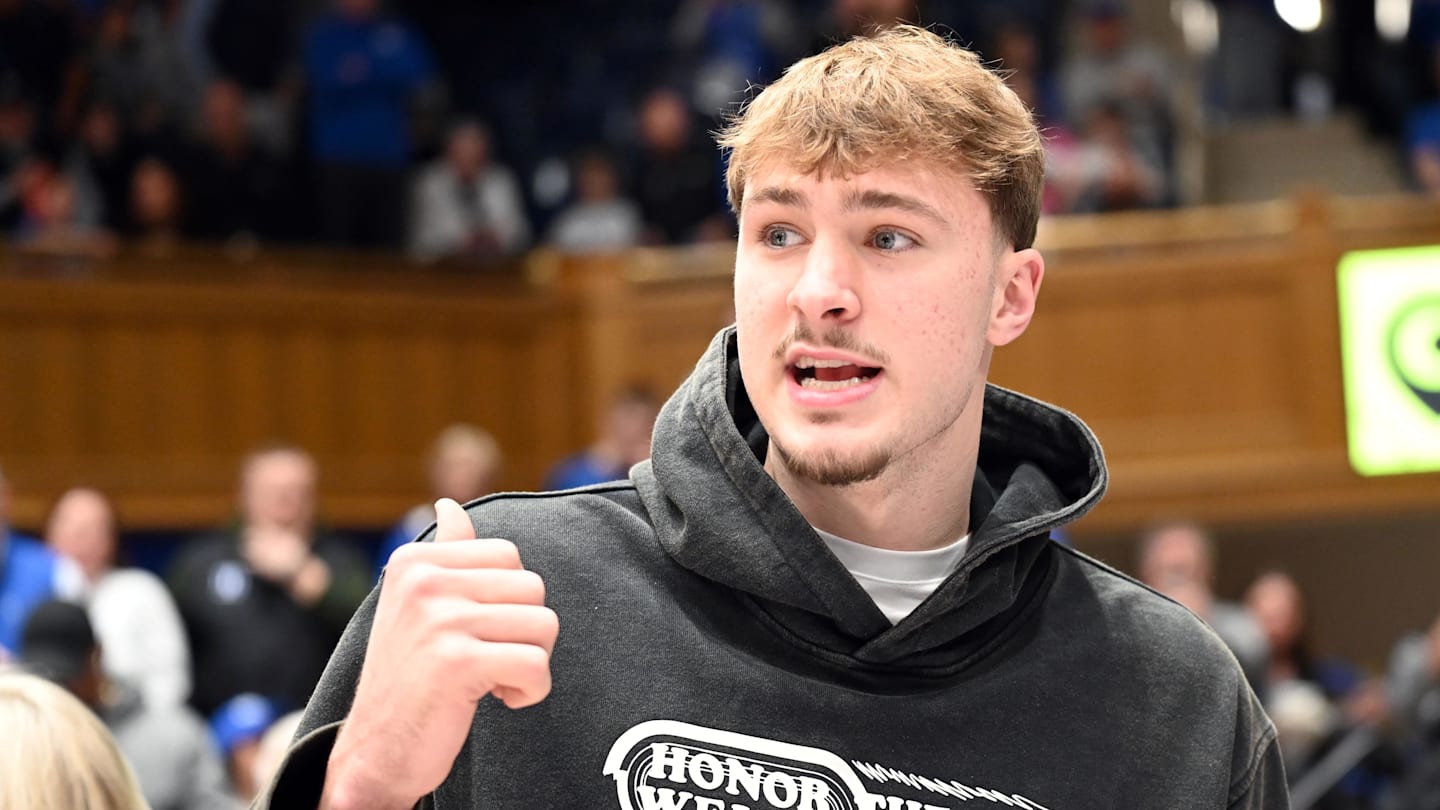Feb 14, 2026; Durham, North Carolina, USA; Former Duke Blue Devils player Cooper Flagg looks on during the first half against the Clemson Tigers at Cameron Indoor Stadium.