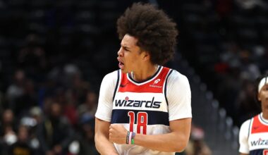 Jan 27, 2026; Washington, District of Columbia, USA; Washington Wizards forward Kyshawn George (18) celebrates during the second half against the Portland Trail Blazers at Capital One Arena. Mandatory Credit: Daniel Kucin Jr.-Imagn Images