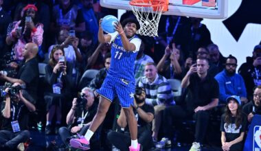 Feb 14, 2026; Los Angeles, CA, USA;  Orlando Magic guard Jase Richardson (11) competes in the slam dunk competition during the 2026 NBA All Star Saturday Night at Intuit Dome. Mandatory Credit: William Liang-Imagn Images