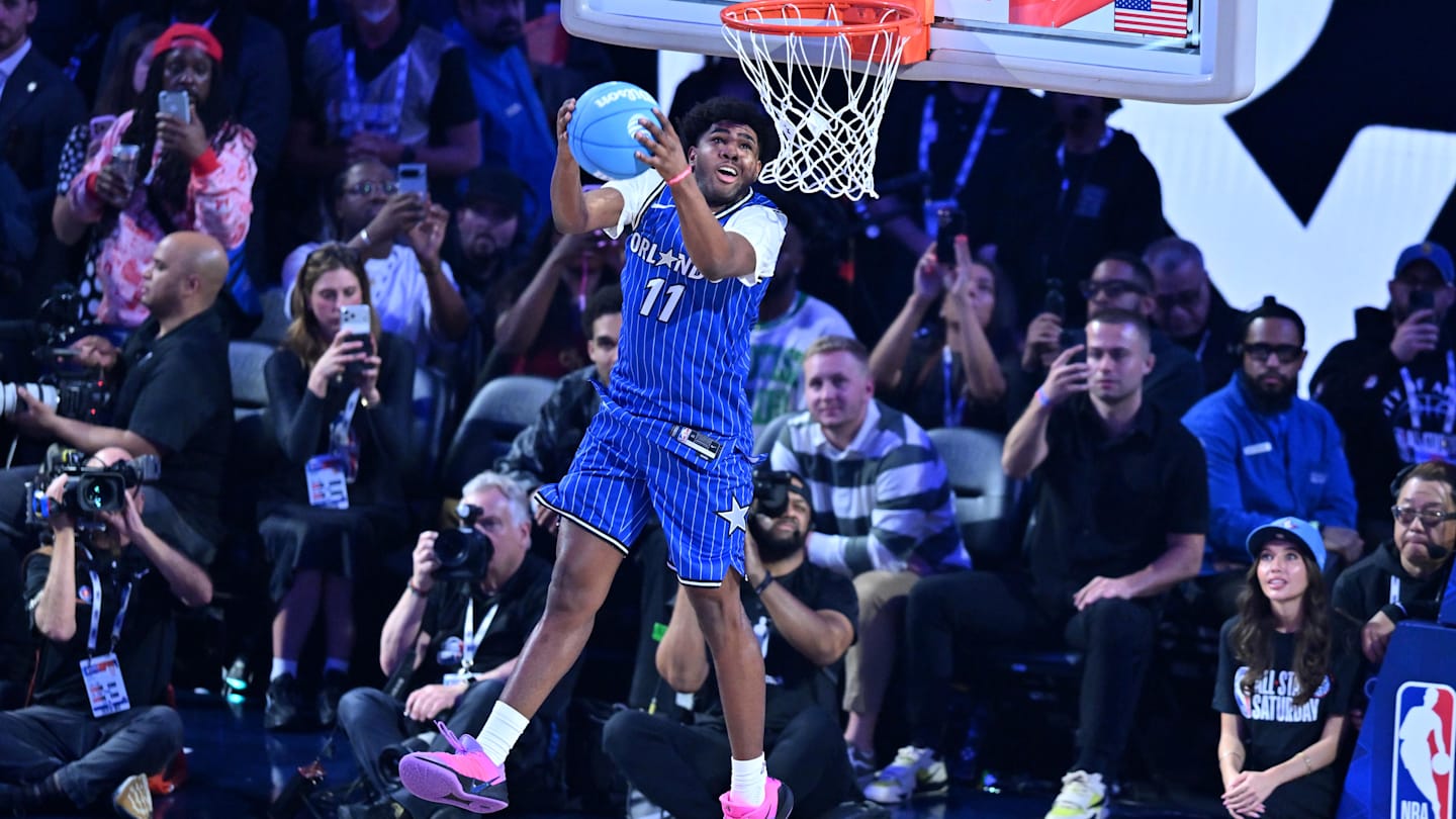 Feb 14, 2026; Los Angeles, CA, USA;  Orlando Magic guard Jase Richardson (11) competes in the slam dunk competition during the 2026 NBA All Star Saturday Night at Intuit Dome. Mandatory Credit: William Liang-Imagn Images