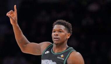 Feb 9, 2026; Minneapolis, Minnesota, USA; Minnesota Timberwolves guard Anthony Edwards (5) against the Atlanta Hawks in the fourth quarter at Target Center. Mandatory Credit: Brad Rempel-Imagn Images