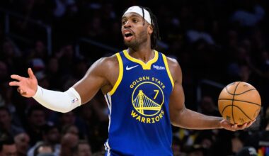Oct 21, 2025; Los Angeles, California, USA; Golden State Warriors guard Buddy Hield (7) reacts during the second half against the Los Angeles Lakers at Crypto.com Arena. Mandatory Credit: William Liang-Imagn Images