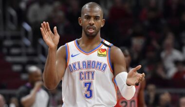 Feb 25, 2020; Chicago, Illinois, USA; Oklahoma City Thunder guard Chris Paul (3) reacts after scoring in the first half against the Chicago Bulls at United Center. Mandatory Credit: Quinn Harris-Imagn Images