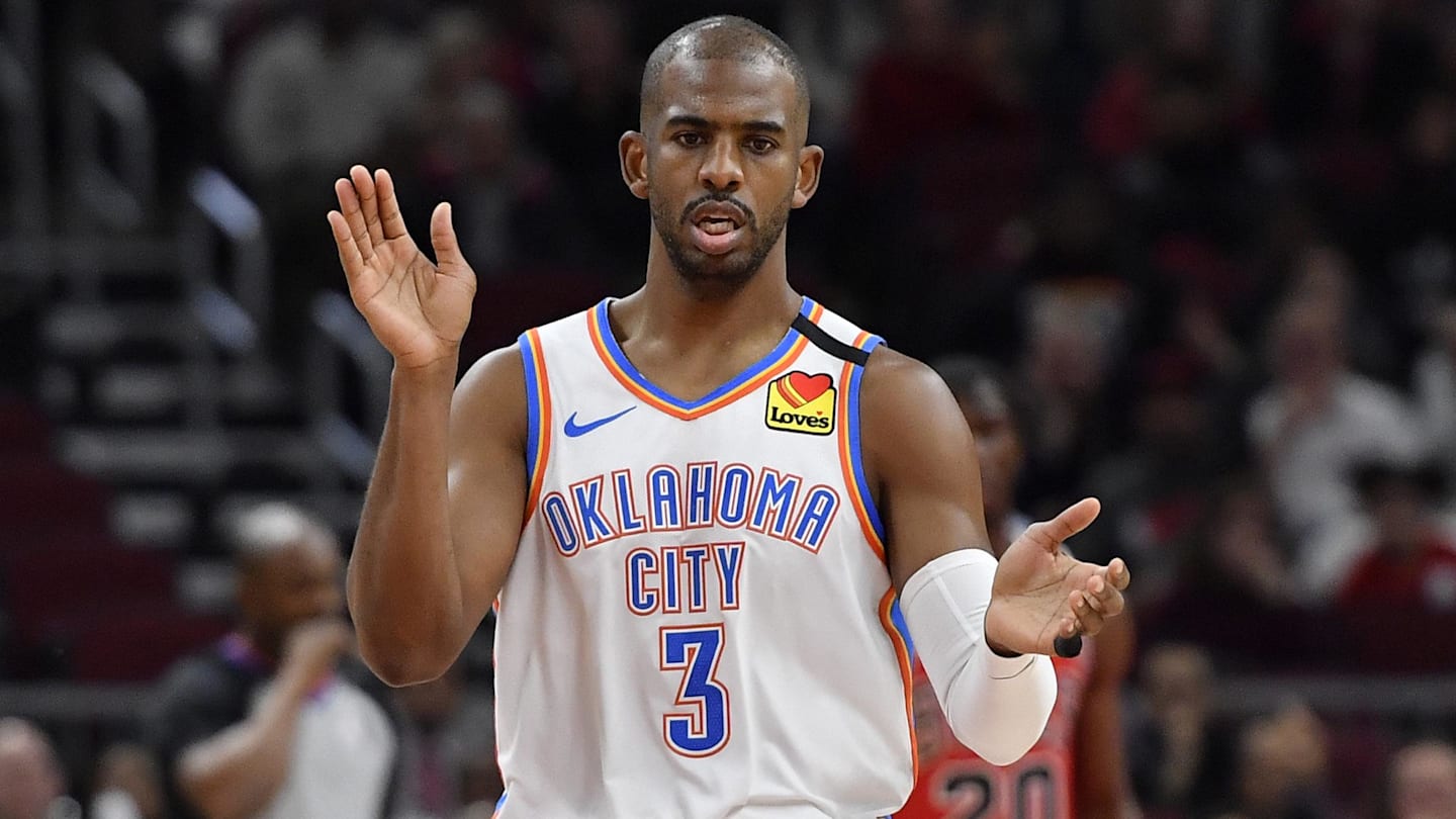 Feb 25, 2020; Chicago, Illinois, USA; Oklahoma City Thunder guard Chris Paul (3) reacts after scoring in the first half against the Chicago Bulls at United Center. Mandatory Credit: Quinn Harris-Imagn Images