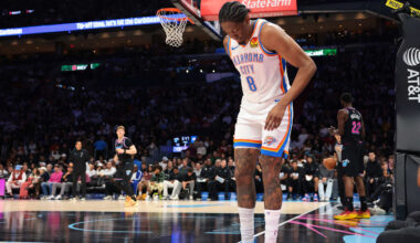 Jan 17, 2026; Miami, Florida, USA; Oklahoma City Thunder guard Jalen Williams (8) grabs the back of his right leg after a play against the Miami Heat during the second quarter at Kaseya Center. Mandatory Credit: Sam Navarro-Imagn Images