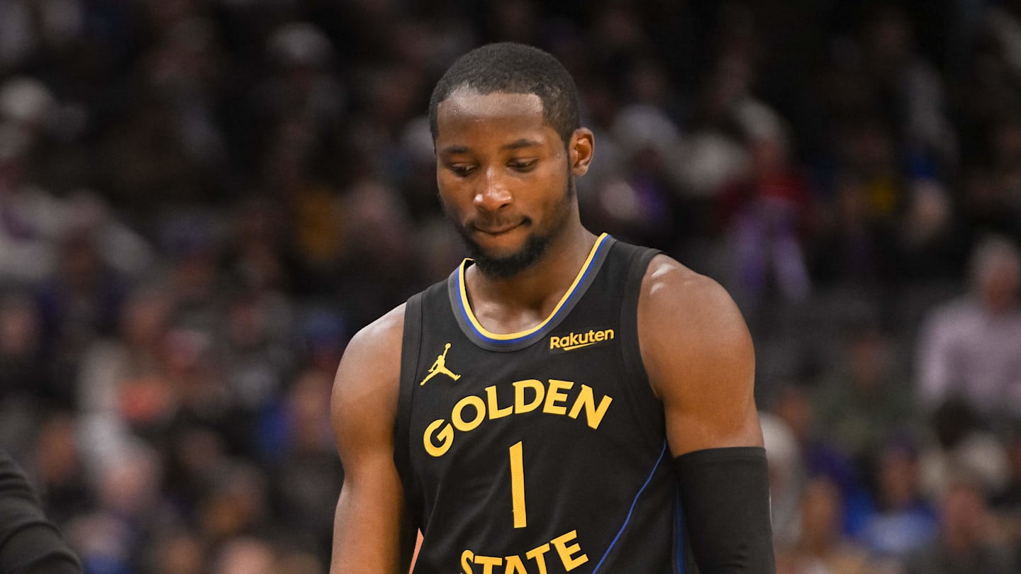 Nov 5, 2025; Sacramento, California, USA; Golden State Warriors forward Jonathan Kuminga (1) walks off the court after being removed from the game during the fourth quarter of the game against the Sacramento Kings at Golden 1 Center. Mandatory Credit: Ed Szczepanski-Imagn Images