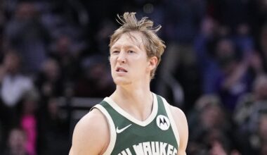 Milwaukee Bucks guard AJ Green (20) reacts after making a three-point shot in the second half against the Detroit Pistons at Fiserv Forum on December 3, 2025.