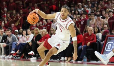 Darius Acuff Jr. (5) reacts after a basket during the first half against the Mississippi State Bulldogs at Humphrey Coliseum.