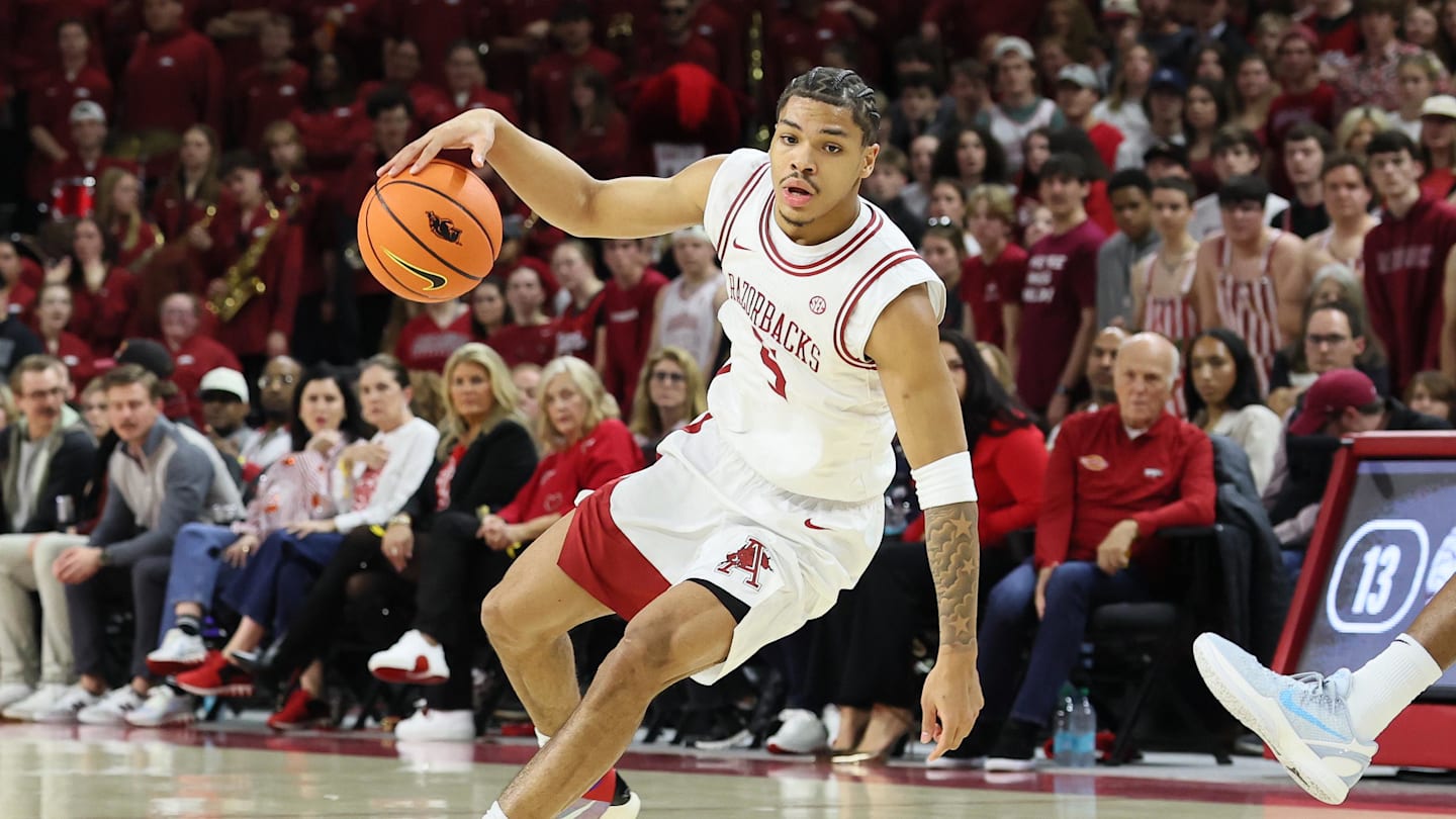 Darius Acuff Jr. (5) reacts after a basket during the first half against the Mississippi State Bulldogs at Humphrey Coliseum.