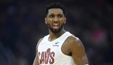 Nov 13, 2025; Cleveland, Ohio, USA; Cleveland Cavaliers guard Donovan Mitchell (45) reacts in the first quarter against the Toronto Raptors at Rocket Arena. Mandatory Credit: David Richard-Imagn Images