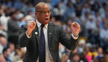 Feb 14, 2026; Chapel Hill, North Carolina, USA; North Carolina Tar Heels head coach Hubert Davis reacts in the first half at Dean E. Smith Center. Mandatory Credit: Bob Donnan-Imagn Images