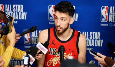 Feb 14, 2026; Inglewood, California, USA; Chet Holmgren speaks during interviews at media day at Intuit Dome. Mandatory Credit: William Liang-Imagn Images