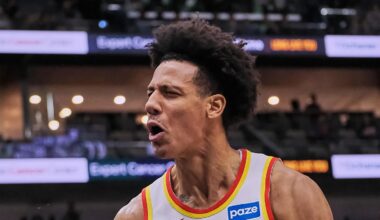Jalen Johnson (1) reacts against the New Orleans Pelicans at Smoothie King Center during the first half of the game