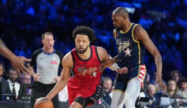 Team USA Stars guard Cade Cunningham (2) of the Detroit Pistons drives the ball against Team USA Stripes forward Kevin Durant (7) of the Houston Rockets in game two during the 75th NBA All Star Game at Intuit Dome on Feb 15, 2026.
