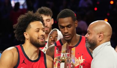 Team USA Stars guard Cade Cunningham (2) of the Detroit Pistons and head coach J. B. Bickerstaff lift the trophy during the 75th NBA All Star Game at Intuit Dome on Feb 15, 2026.