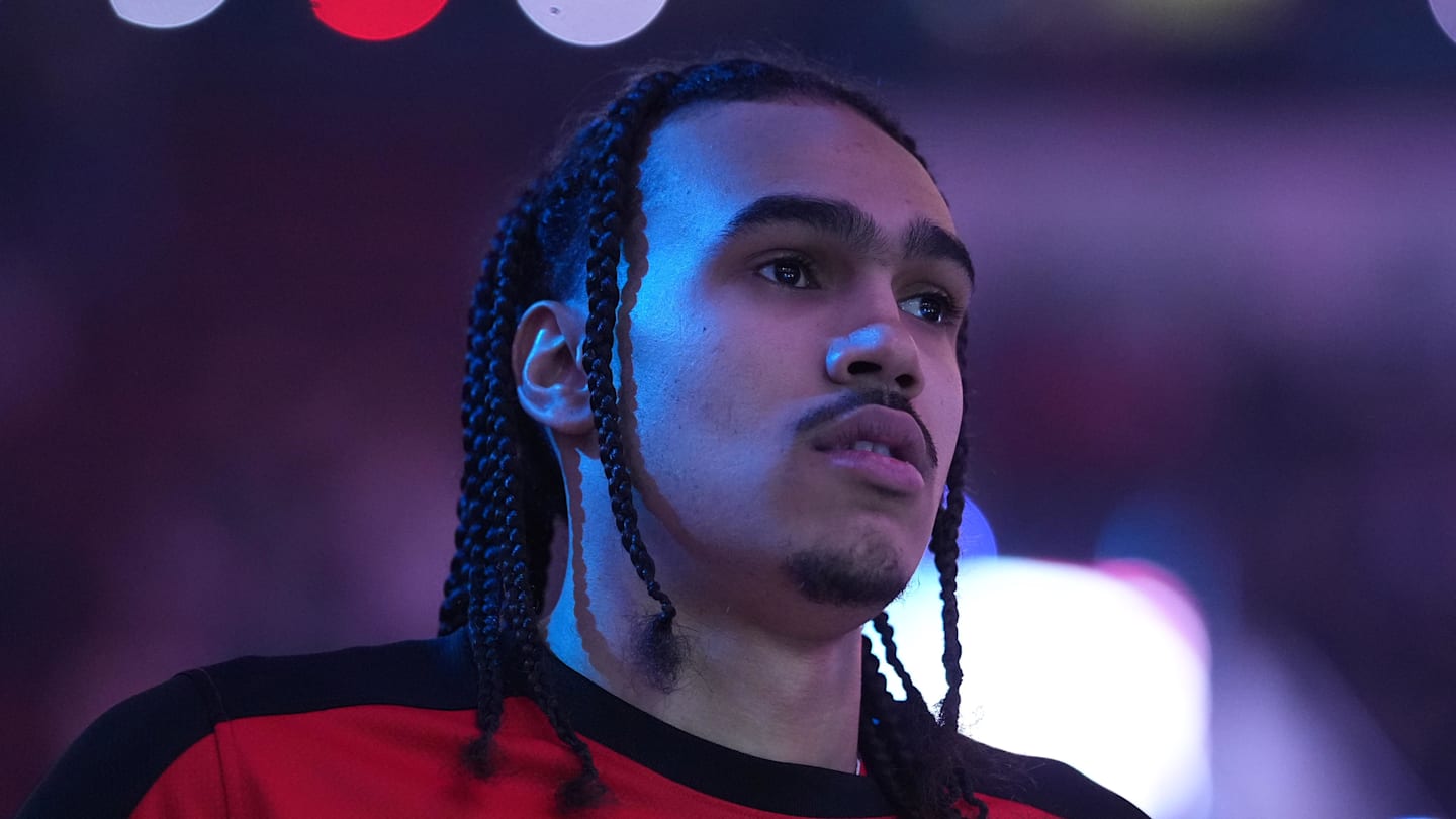 Mar 17, 2025; Portland, Oregon, USA; Portland Trail Blazers guard Dalano Banton (5) stands for the National Anthem before the game against the Washington Wizards at Moda Center. Mandatory Credit: Soobum Im-Imagn Images