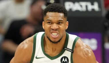 Milwaukee Bucks forward Giannis Antetokounmpo (34) reacts after scoring against the Sacramento Kings during the fourth quarter at Golden 1 Center. March 22, 2025.