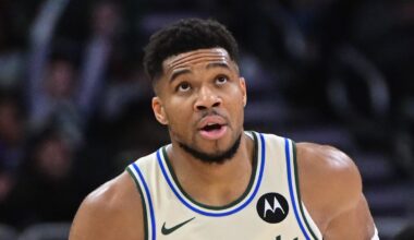 Milwaukee Bucks forward Giannis Antetokounmpo (34) reacts after scoring his 21,000th career point in the third quarter against the Brooklyn Nets at Fiserv Forum. Nov 29, 2025.