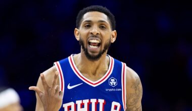 Apr 25, 2024; Philadelphia, Pennsylvania, USA; Philadelphia 76ers guard Cameron Payne (22) reacts to his three pointer against the New York Knicks during the second quarter of game three of the first round for the 2024 NBA playoffs at Wells Fargo Center. Mandatory Credit: Bill Streicher-Imagn Images