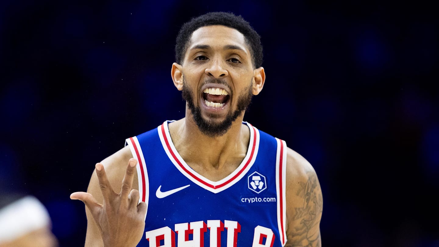 Apr 25, 2024; Philadelphia, Pennsylvania, USA; Philadelphia 76ers guard Cameron Payne (22) reacts to his three pointer against the New York Knicks during the second quarter of game three of the first round for the 2024 NBA playoffs at Wells Fargo Center. Mandatory Credit: Bill Streicher-Imagn Images
